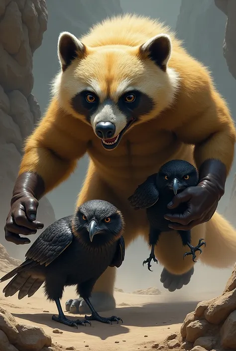 A strong honey badger catches an owl and a crow from danger