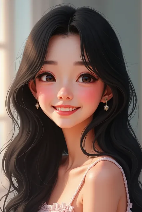  A girl with long black hair ,Half Blanquita  ,of medium height ,medium slanted eyes , smiling and with a good sense of humor