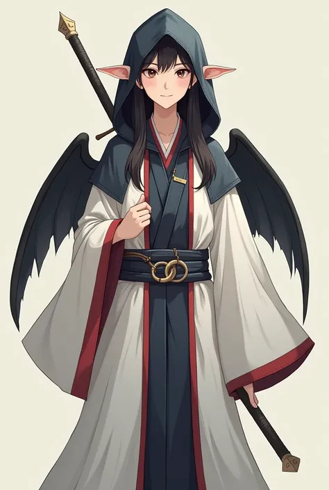  elf with Asian features in a white coat of arms on which a black ,  upwards with two black wings . Above it is a half wheel opened ,  black short-sleeved hooded robe with a thick red stripe in the middle and a thick blue stripe in the middle