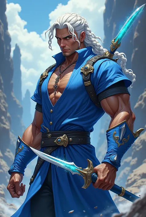 Tall man, braided white hair , amber eyes, Brown skin, blue costume with white details anime with sword with blue details on the back 