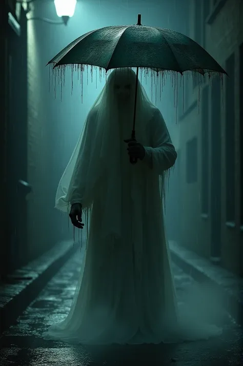 A tense moment as a ghostly figure looms closer, its umbrella dripping with water, barely lit by the dim streetlight.