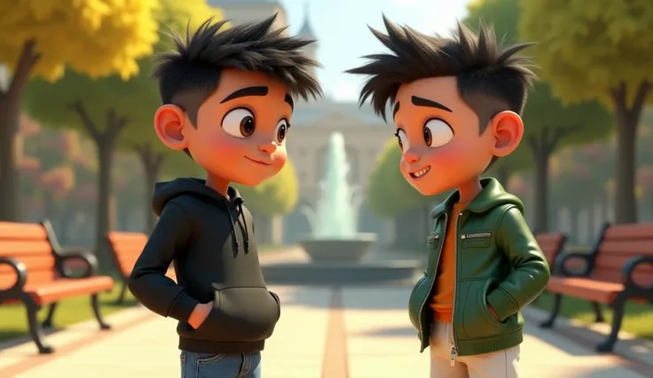 Hudaib A boy with a trendy anime-inspired haircut, dark brown hair, and expressive dark brown eyes. His pale skin enhances his playful charm, and he’s usually seen in a black hoodie with blue jeans and black joggers. Designed in Disney-Pixar animation styl...