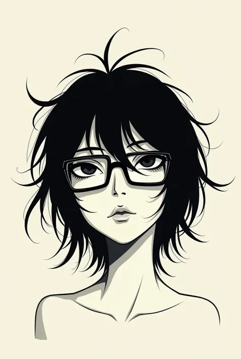 simple art style black haired androgynous person with shaggy long black hair and rectangular glasses.