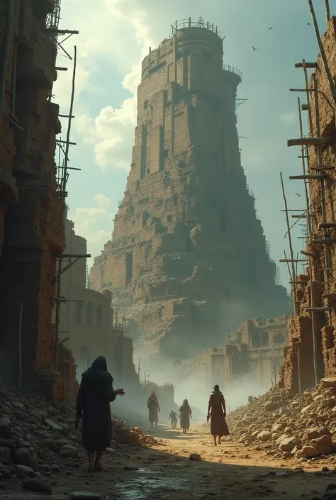  The unfinished Tower of Babel ,  with abandoned scaffolding and debris around ,  as people disperse in different directions, moving away from tower ."