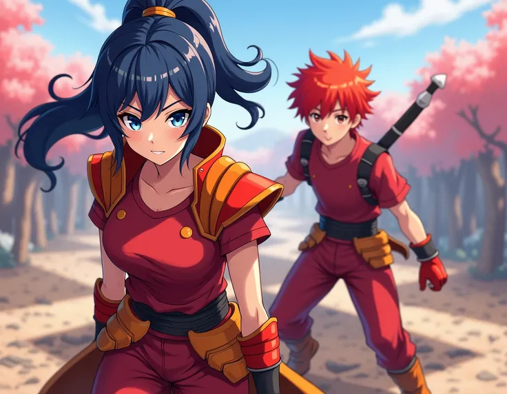 an anime girl with long dark blue hair wears a large short upward ninja tail and a quiff her hair at the back is short, blue eyes red t-shirt red and orange shoulder armor orange and red waist armor orange pants red gloves boots orange and yellow and anime...