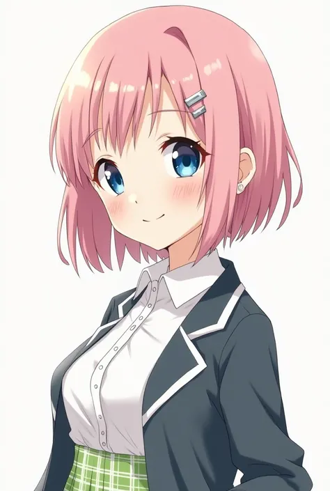  Create me an anime girl with short, straight light pink hair ,  blue eyes,  with an earring in her left ear with a school uniform consisting of a white blouse with a collar, a lettuce green checkered skirt and a jacket with white edges 