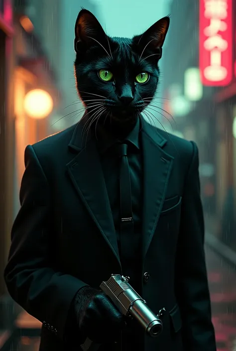 A sleek black tomcat named cat A human-like cat resembling John Wick, with sleek black fur, piercing green eyes, and wearing a perfectly tailored black suit and tie. The cat exudes an aura of stoic determination, with sharp, angular facial features and a m...