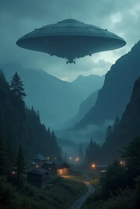 terror, sci-fi, village between mountains with an alien ship over the village, at night