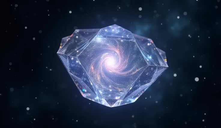 A close-up of an intricately designed crystal-like jewel, glowing softly with an ethereal light. Inside the gem, faint traces of a starry nebula swirl, symbolizing infinite energy. The jewel is suspended in the vacuum of space, with distant stars twinkling...