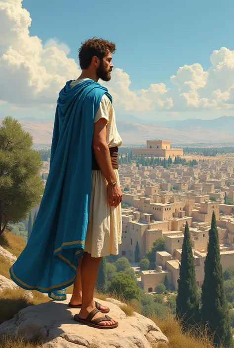 A 50-year-old man with fair skin and blue eyes, beard and brown hair, of 1.80 bone-colored tunic dress, short coffee skirt, sandals and sky blue cloak is on top of a mountain, surrounded by olive trees,  a profile view of Jerusalem in the 1st century, whos...