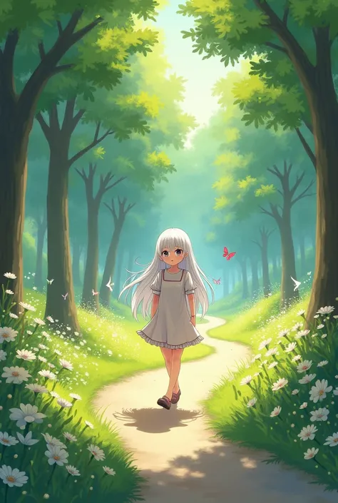 A white-haired girl walking in the park anime version