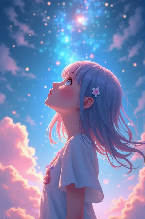 Girl looking at the sky,magical,con colores aestetics,glass soul mix ,sdvn8 art xl ,anime.