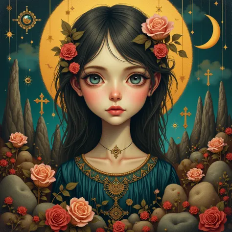 patchwork by Theophanes the Greek, Hieronymus Bosch, Benjamin Lacombe, Brien Displain, A girl wearing a ochre. Byzantine face type, aesthetic gothic, surrealism, oil painting, Whimsical lighting, spooky vibe, Natural elements: Moon, rocks, Abstract shapes:...