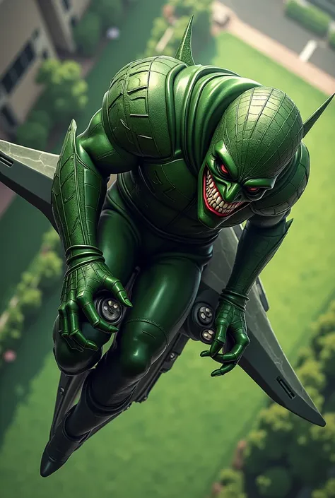 Imagine Spider-Mans enemy Green Goblin flying in his glider, Spider-Mans enemy Green Goblin , goblin glider , marvel comics , Norman Osborn,  high resolution,  anatomically correct manicured lawn , 