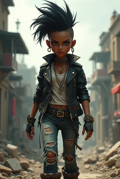 Dark-skinned teenage female futuristic character with punk rock theme post-apocalyptic world,  ungraceful  