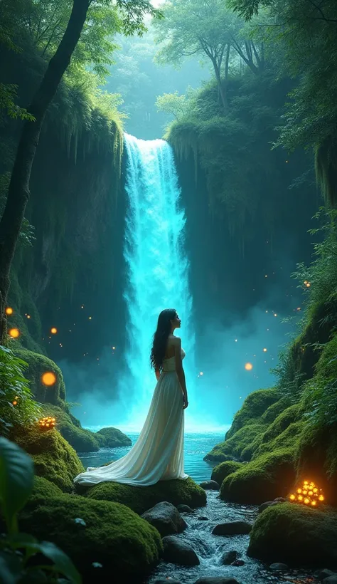 A magical forest with a glowing waterfall surrounded by luminous plants and moss-covered rocks. A  wearing a flowing white outfit stands gracefully near the waterfall, with soft light reflecting off the glowing water. The scene is filled with fireflies and...