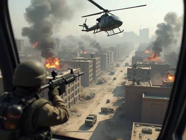 detailed call of duty realistic battlefield from a helicopters view almost 50 yards above the sky