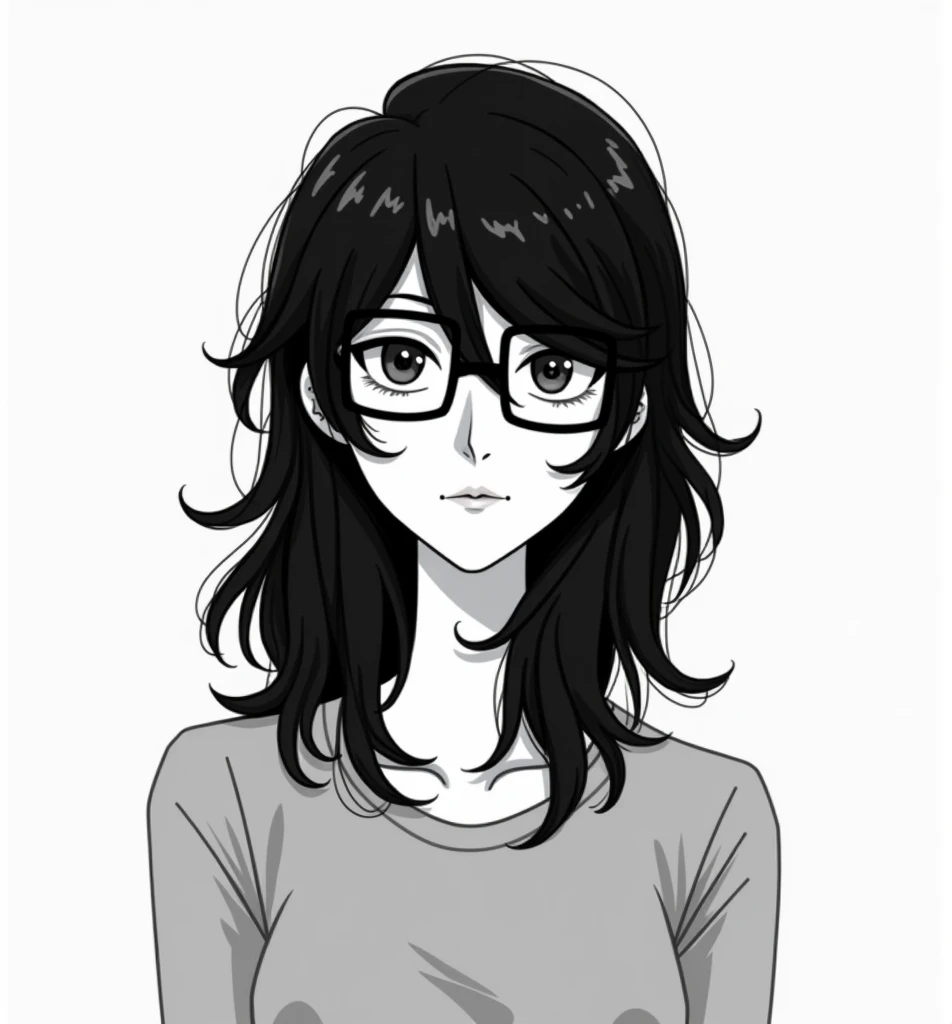 simple art style black haired androgynous person with shaggy long black hair and rectangular glasses