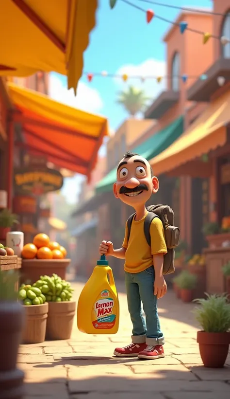 "A 3D Pixar-style cartoon scene of a lively outdoor market filled with colorful stalls. Papu, holding the shopping bag, stands in front of a cleaning products stall, mistakenly picking up a Lemon Max dishwashing soap bottle. He looks confident and cheerful...