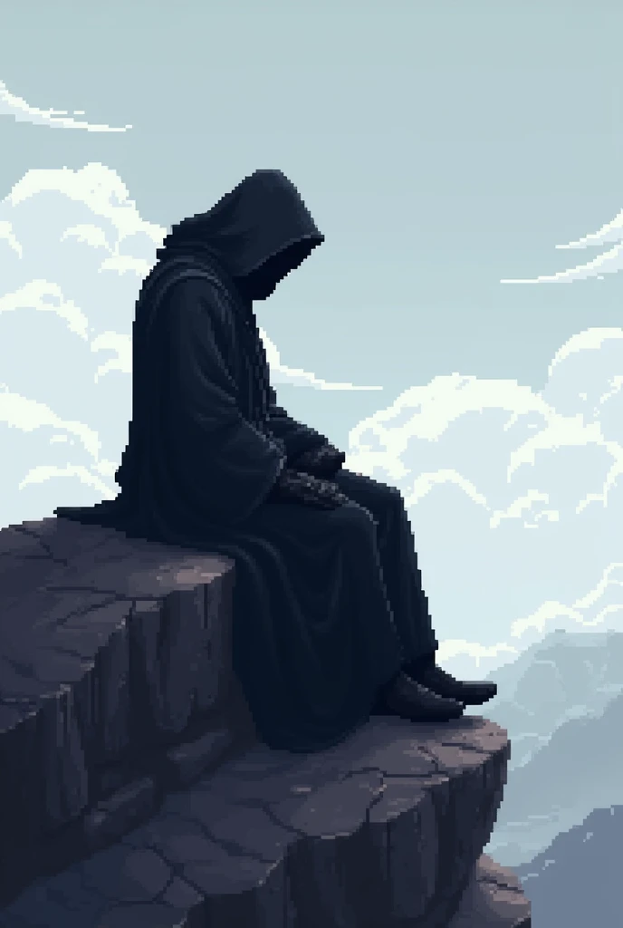 Luck skywaker with black jedi customs and hat hoodi and hide face and he sit on rock and pixelart 