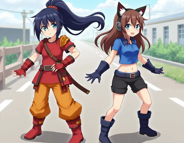 an anime girl with long dark blue hair wears a large short upward ninja tail and a quiff her hair at the back is short, blue eyes red t-shirt red and orange shoulder armor orange and red waist armor orange pants red gloves boots orange and yellow and anime...