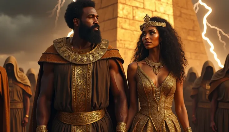 An epic and artistic depiction of a royal African couple in a biblical setting. The man, with a commanding presence, has a full beard and wears a tunic adorned with intricate golden details. The woman, standing by his side, is dressed in an elegant, gold-e...