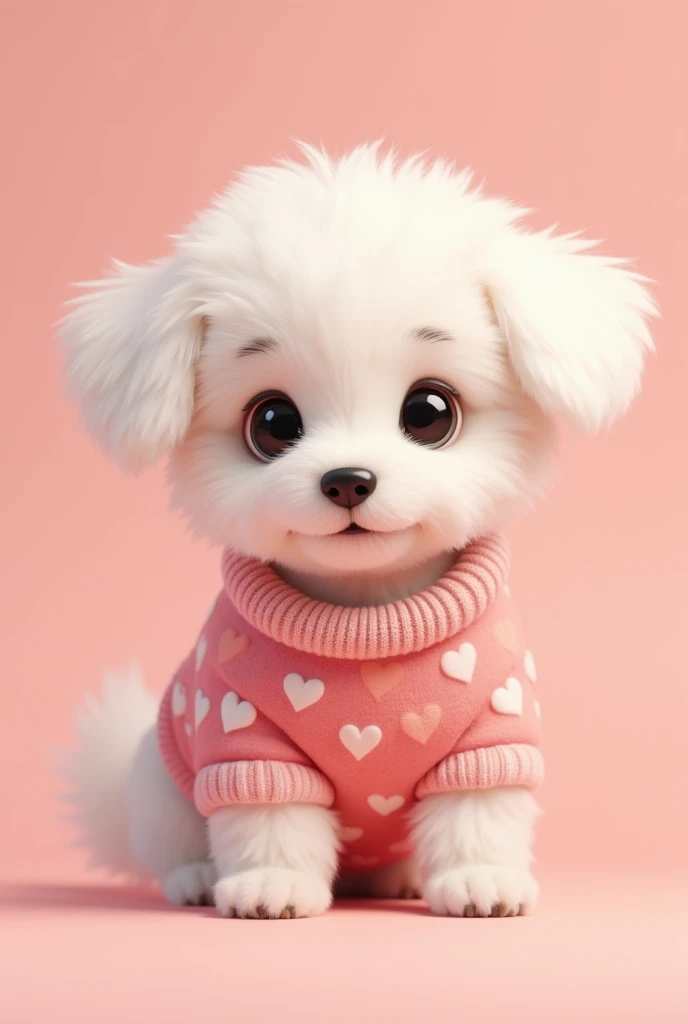 A little dog with white hair and black eyes wearing a pink sweater with hearts on a low pink background 