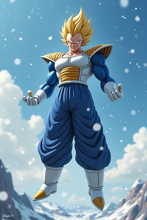  Vegeta from Dragon Ball Z in an imposing position looking up and down while floating in the sky, amidst falling snow ,  and a sarcastic smile typical of the character  