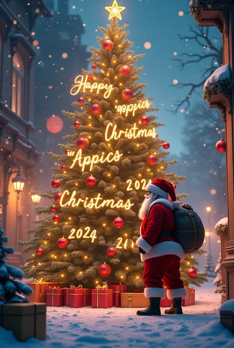 A 2024 Christmas scene with a large Christmas tree decorated with multi-colored lights and red-gold balls. Santa Claus stands under the tree with a sack of gifts. The floor is covered in white snow. The background is decorated with colored lights. The mess...