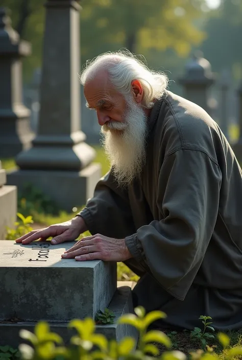 Bearded and white-haired man in a cemetery during the day cleaning a headstone his name is written on the headstone " Fabrício "