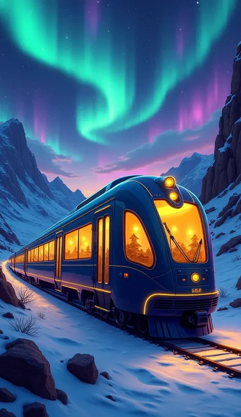 "A futuristic luxury train in a caricature style, traveling through a nighttime landscape illuminated by vibrant auroras. The train has an elegant and exaggerated design, with large windows and golden lights glowing inside. The proportions of the train and...