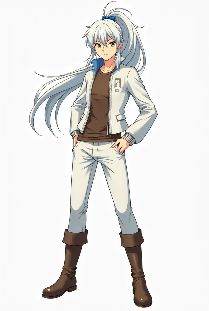   an image of a Japanese anime-style character ,  male , of 1.75m high, of thin build,  in white leather,  long white hair tied up with a ponytail with a blue ribbon,  golden eyes , a brown t-shirt and boots ,  white pants and a white long-sleeved vest .