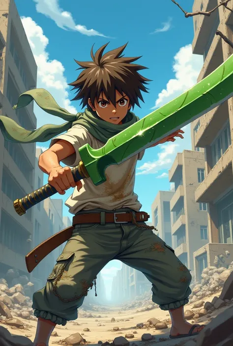 Dirty disheveled boy with brown skin with a scarf around his neck dirty t-shirt and gray stained pants with a green leaf katana in his hands with a destroyed city background in anime style