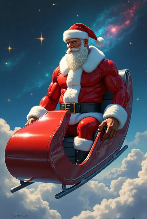 Naruto, a muscular bodybuilder dressed as Santa Claus, a modernized version of the beloved gift-delivery man, glides through the cosmos in a sleek, technologically advanced sleigh. The bright red and white of his iconic suit stands out against the backdrop...