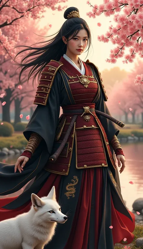 Hyper-realistic, full-length portrait of a female warrior of the Akashiro clan, posing with elegance and determination in a traditional Japanese landscape under cherry blossom trees. She is a curvy woman with long, straight black hair, partially pulled bac...