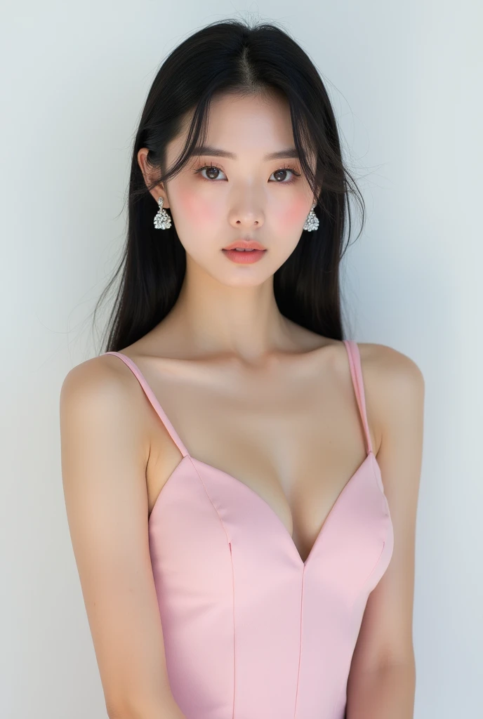 A beautiful Chinese female model with black hair. She is twenty years old with a Chinese face. She is wearing a luxurious baby pink straples asimetris dress, brown eyeshadow, and nude lipstick. She has a quiet, indifferent, and stern appearance without a s...