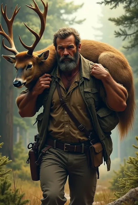 a man carry a deer from hunting