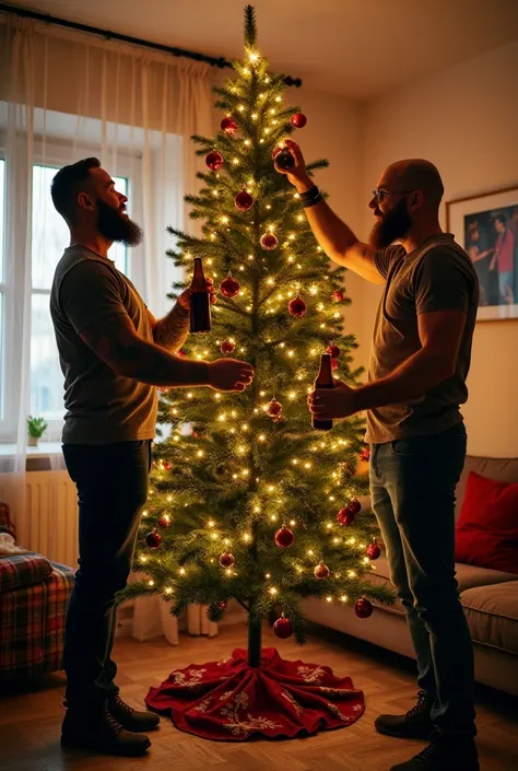  Take a picture which two men are just erecting the Christmas tree .
A tall muscular bearded ,  with a modern hairstyle 30 year old who holds the tree with his muscular arms while , a másik 45 éves egy fejjel alacsonyabb,  long bearded and bald .  He carve...