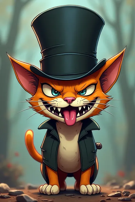  Humanoite cat with evil smile tongue sticking out using a top hat, cartoon anime art style 
