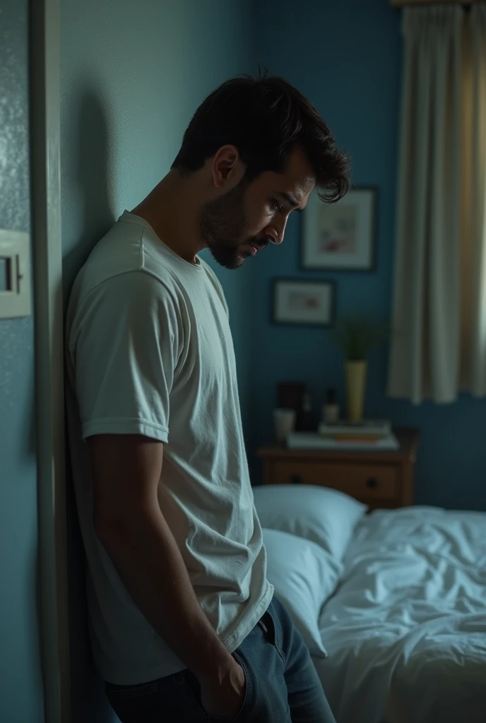  Man leaning against the bedroom wall crying sadly , The tidy room 