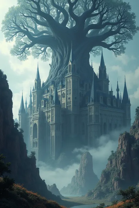  style make a huge castle and a colossal black tree that connects between the castle. Do it in an RPG 