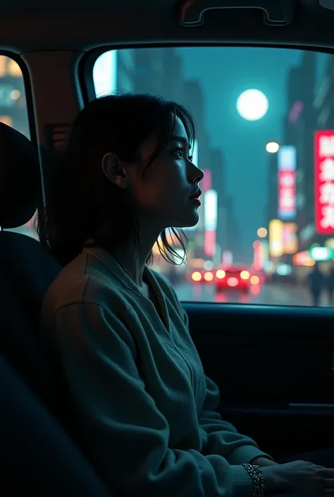 Woman traveling at night through the city  ,  with the moon while crying looking out the window 