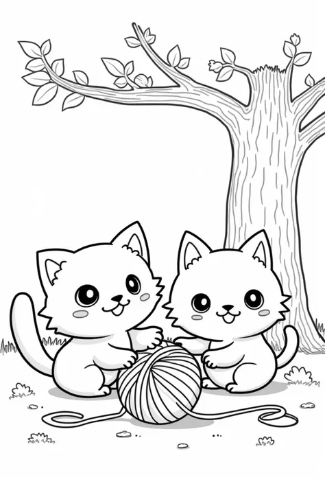 Draw me a kawaii colouring page for a s colouring book [with two kawaii cats playing with a ball of yarn under a tree.] The picture should be a very simple lineart artwork