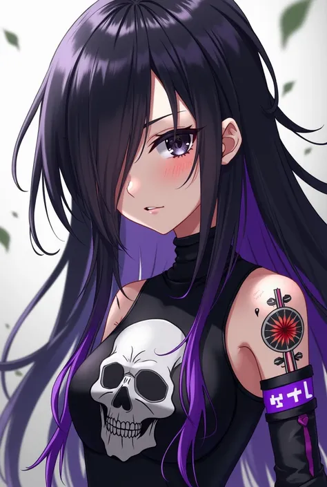 The image of an anime teenager ,  she has long black hair with purple locks with one side of her head shaved black eyes and wears light armor with a skull printed on her chest,   on her faces and arms she has Sukuna tattoos from Jujutso Kaisen 