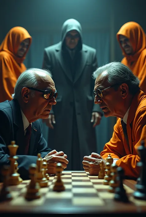 Viktor Korchnoi with mirror sunglasses faces Anatoly Karpov in their 1978 world chess championship match, behind them in the publica manacing Zukhar parapsychologist and 2 members of Ananda Marga yoga specialists dressed in indian orange dresses, dark atmo...