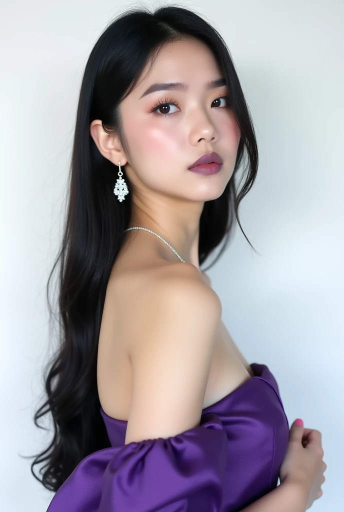 A beautiful Chinese female model with black hair. She is twenty years old with a Chinese face. She is wearing a luxurious violet off shoulder dress, brown eyeshadow, and dusty purple lipstick. She has a quiet, indifferent, and stern appearance without a sm...