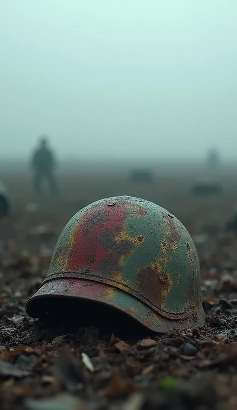  Close-up of a rusty helmet covered in dried blood, abandoned on the ground . In the background,  fog covers the field like a veil of mystery .