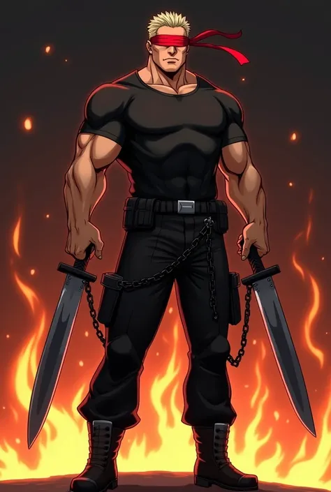 30-year-old muscular man with a red bandage around his eyes, a black t-shirt with short sleeves, black military pants, boots and with two huge knives, one in each hand, joined by a chain with a fire background in anime style.