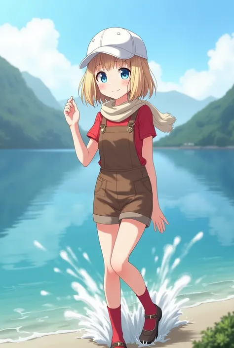  anime girl,  smiles with closed mouth , white baseball cap ,  light blonde hair shoulder-length middle parting,  light blue eyes , light beige scarf , rotes T-Shirt,  short brown dungarees with an open strap,  red socks , braune Mary Janes,  stands on the...