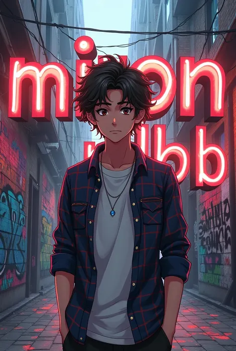 Anime guy in his 20s,  graffiti with curly hair in a plaid shirt, the background clearly shows  " MIRON MLBB"  Next to him  